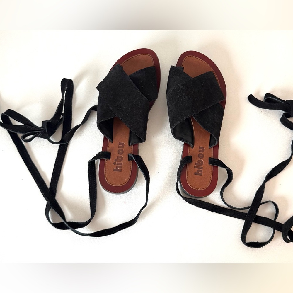 Hibou Bohemian Black Suede Ankle Wrap Flat Sandals | Lace-Up Open Toe NWT - Picture 3 of 13
